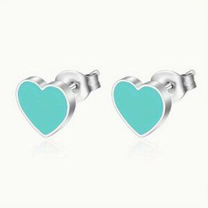 NEW Silver Plated Tiffany Blue Enamel Heart Stud Earrings